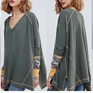 We The Free Lovin Oversized Olive waffle Knit Top with Yellow Accents size S